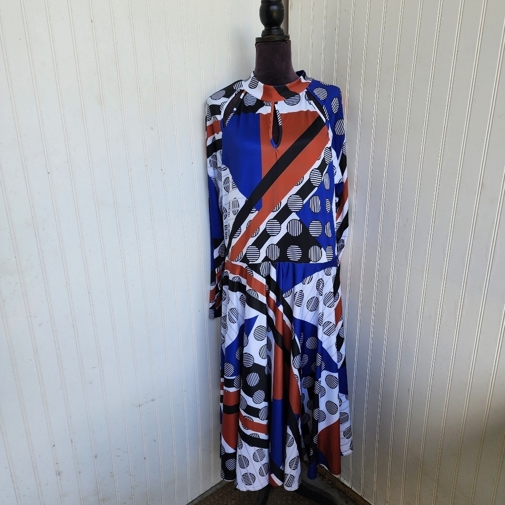 NWT Ashley Stewart Stretch Tunic Women  Abstract Dot Blue Long Sleeve Sz 22/24